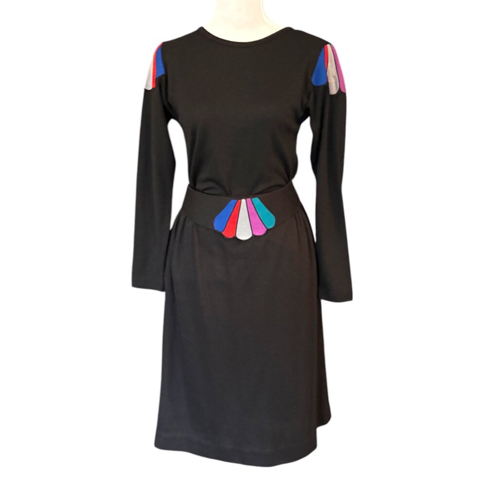 Peter Popovitch vtg 80s 3 pc skirt set colorful fan details belt shoulders sz 6‎